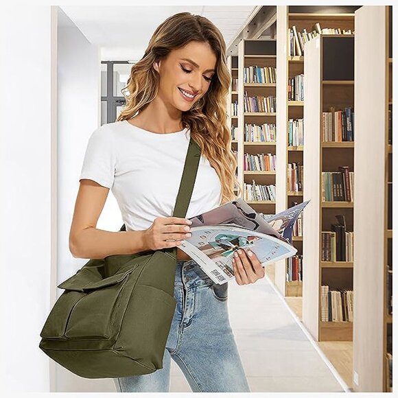 Canvas Tote Bag Messenger Bag, Large Crossbody Bag Army Green - Picture 9 of 9